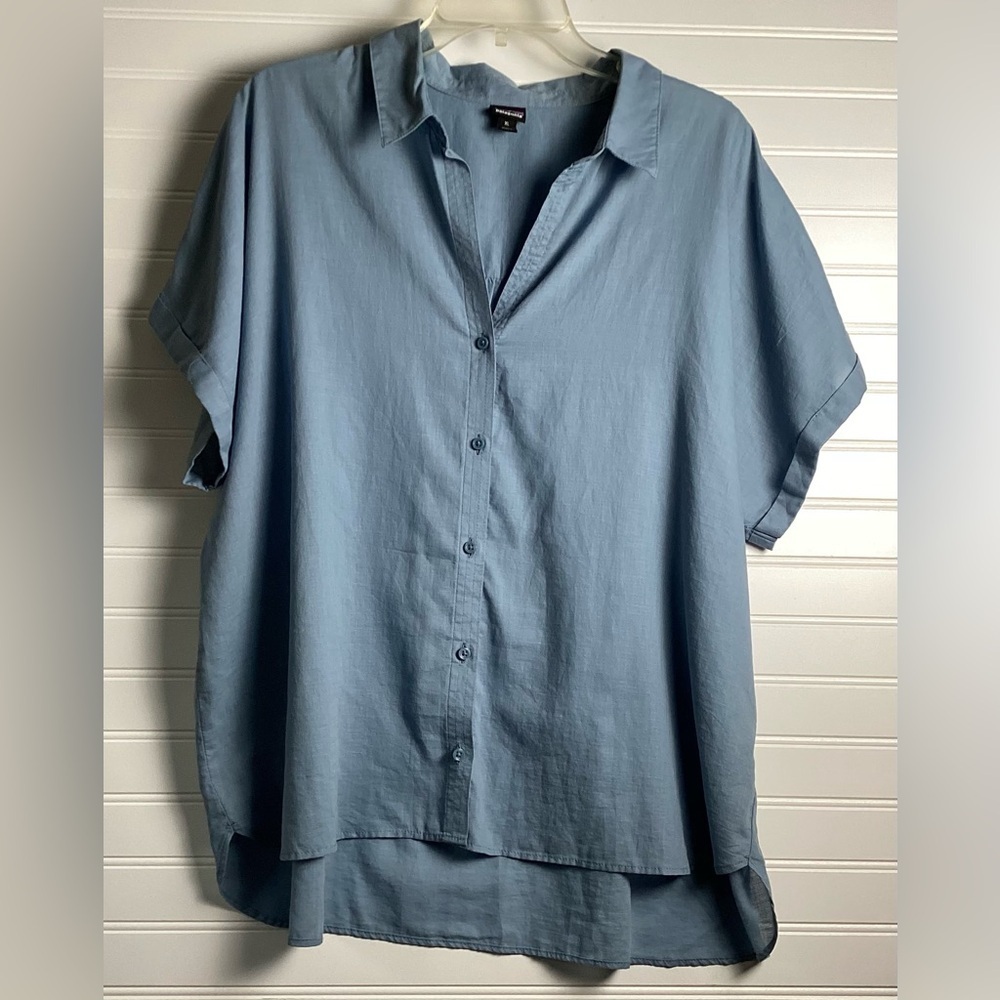 Patagonia blue Short Sleeve high & low hem Button Down shirt  XL ORGANIC Cotton